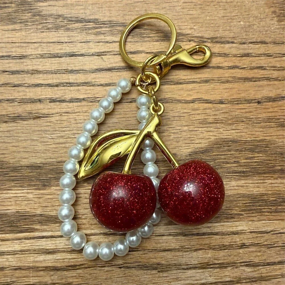 Dritz Red Glitter Cherry Beaded Keychain Purse Charm Lobster Clasp - Picture 2 of 5